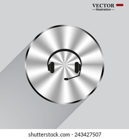 Circle, steel, metal, shadow. Headphones. Musical accessory, gray button with a red stroke, vector illustration, EPS 10