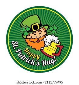 Circle sticker with cheerful leprechaun in green cap and ginger beard and beer with text Happy St Patricks Day