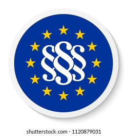 Circle sticker icon with the EU flag and paragraph marks, law symbols.
