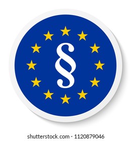 Circle sticker icon with the EU flag and paragraph mark, law symbol.