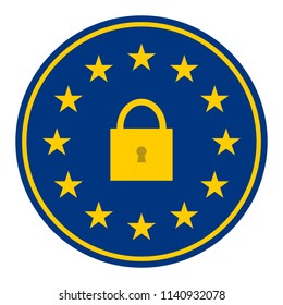 Circle sticker icon with the EU flag and padlock on white background