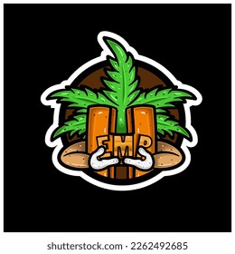 Logotipo de pegatina de círculo y letra H con caricatura de hoja de maleza. Perfecto para logotipo y etiqueta de producto. Vectores e ilustraciones.