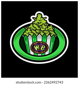 Circle Sticker Logo and Weed Bud On Paper Box. Perfect for Logo and Product Label. Vectors and Illustrations.