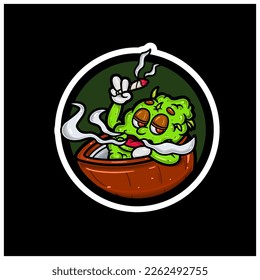 Circle Sticker Logo und Weed Bud on Coconut Cartoon Charakter. Perfekt für Logo und Produktkennzeichnung. Vektorgrafiken und Illustrationen.