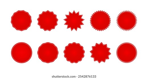 Circle Sticker Set Featuring Wavy Edge Promo Red Badges, Star Burst Shape Tags for Price, and Blank Sale Stickers, Ideal for Flat Vintage Labels, Marketing Promotions