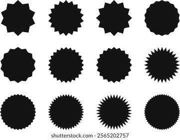 Circle sticker set featuring wavy edge black promo badges, starburst shape tags for prices, blank sale stickers, and simple silhouettes. Graphic illustration.