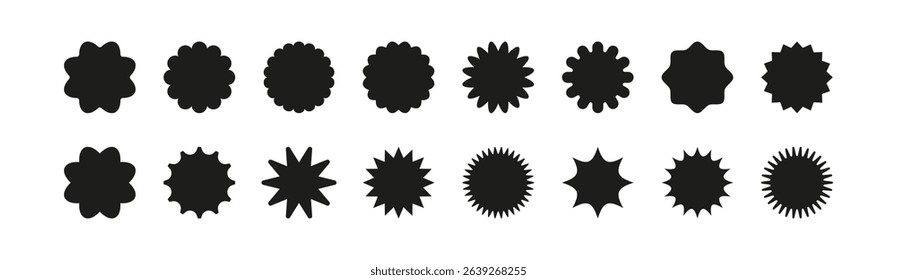 Circle sticker set isolated. Wavy edge promo black badges. Flat vintage labels. Graphic illustration.