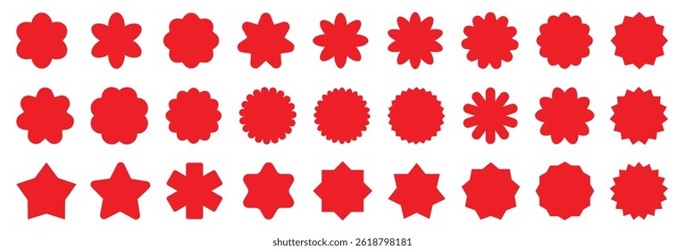 Circle sticker set. Set of red starburst, sunburst badges. Starburst shape tags for price. Blank sale stickers. Simple silhouette. Flat vintage labels. Graphic illustration.