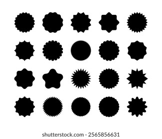 Circle sticker set. Starburst speech bubbles. Wavy edge promo black badges. Star burst shape tags for price. Blank sale stickers.