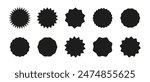 Circle sticker set. Wavy edge promo black badges. Star burst shape tags for price. Blank sale stickers. Simple silhouette. Flat vintage labels. Graphic illustration.