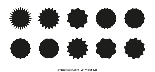 Circle sticker set. Wavy edge promo black badges. Star burst shape tags for price. Blank sale stickers. Simple silhouette. Flat vintage labels. Graphic illustration.