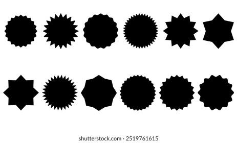 Circle sticker set. Wavy edge promo black badges. Star burst shape tags for price. Blank sale stickers. Simple silhouette. Flat vintage labels. Vector Graphic illustration.