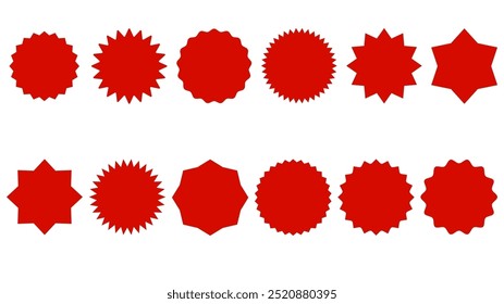 Conjunto de pegatinas de círculo. Insignias negras de promoción de borde ondulado. Etiquetas de forma de explosión de estrella para el Precio. Pegatinas de venta en blanco. Silueta simple. Etiquetas vintage planas. Vector Ilustración gráfica.