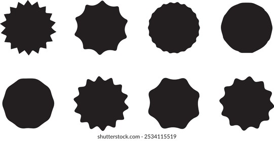 Circle sticker set. Wavy edge promo black badges. Star burst shape tags for price. Blank sale stickers.