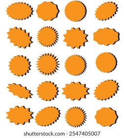 Circle sticker set. Wavy edge promo black badges. Star burst shape tags for price. Blank sale stickers. Simple silhouette. Flat vintage labels. Graphic illustration.