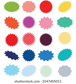 Circle sticker set. Wavy edge promo black badges. Star burst shape tags for price. Blank sale stickers. Simple silhouette. Flat vintage labels. Graphic illustration.