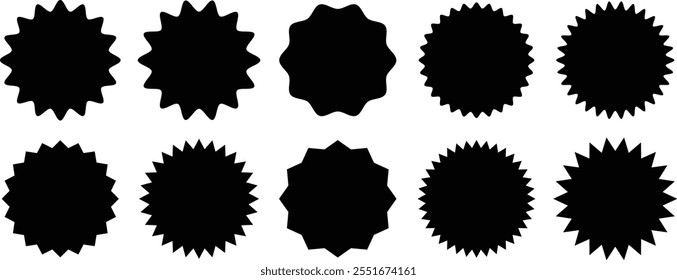 Circle sticker set. Wavy edge promo black badges. Star burst shape tags for price. Blank sale stickers.