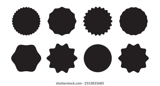 Circle sticker set. Wavy edge promo black badges. Star burst shape tags for price. Discount sticker icon. Blank sale stickers. Simple silhouette. Flat vintage labels.