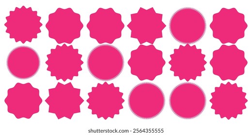 Circle sticker set. Wavy edge promo black badges. Star burst shape tags for price. Blank sale stickers. Simple silhouette. Flat vintage labels. Graphic illustration.