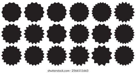 Circle sticker set. Wavy edge promo black badges. Star burst shape tags for price. Blank sale stickers. Simple silhouette. Graphic illustration.