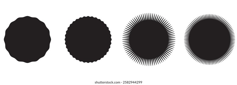 Circle sticker set. Wavy edge promo black badges. Star burst shape tags for price. Blank sale stickers. Simple silhouette. Flat vintage labels. Graphic illustration.