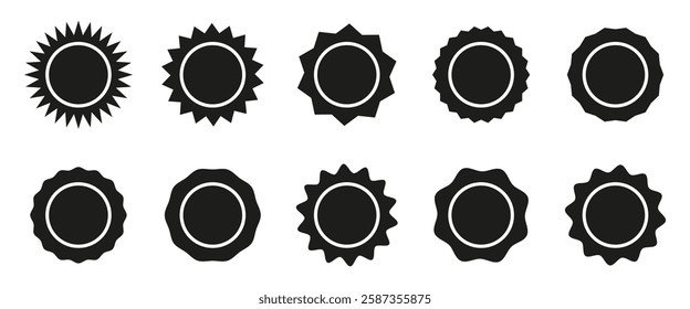 Circle sticker set. Wavy edge promo black badges. Star burst shape tags for price. Blank round sale stickers. Simple silhouette icons. Flat vintage labels. Circle black wax seal. Graphic illustration.