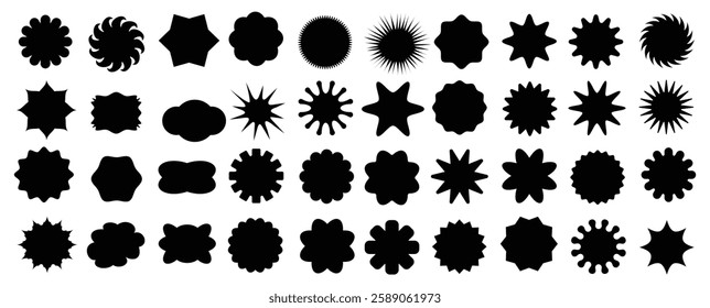 Circle sticker set. Wavy edge promo black badges. Star burst shape tags for price. Blank sale stickers. Simple silhouette. Flat vintage labels. Graphic illustration.