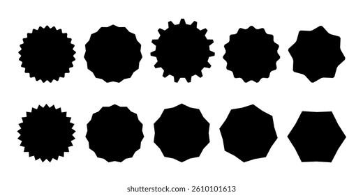 Circle sticker set. Wavy edge promo black badges. Star burst shape tags for price. Blank sale stickers. Simple silhouette. Flat vintage labels. vector eps