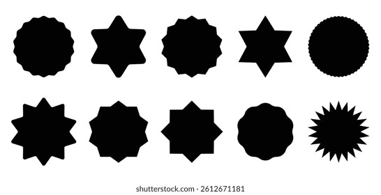 Circle sticker set. Wavy edge promo black badges. Star burst shape tags for price. Starburst speech bubbles. Starburst, black price sticker sunburst icons. Black Sunburst. Flat vintage price tag stick