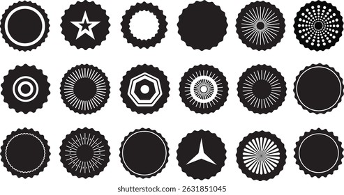 Circle sticker set. Wavy edge promo black badges Star burst shape tags for price. Blank sale stickers