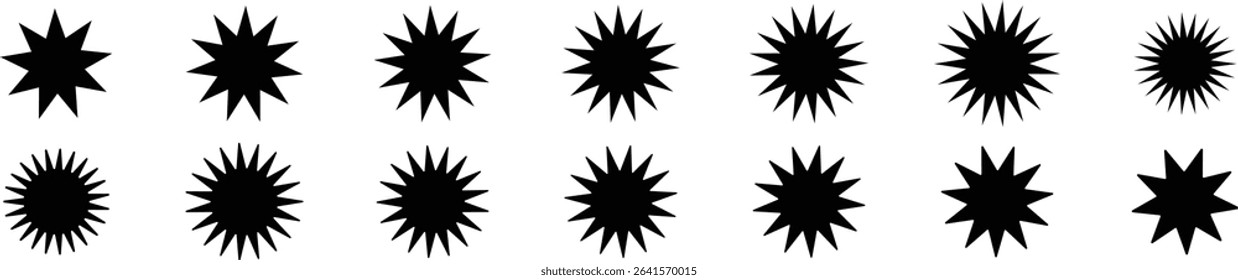 Circle sticker set. Wavy edge promo black badges. Star burst shape tags for price. Blank sale stickers. Simple silhouette. Flat vintage labels. Graphic illustration