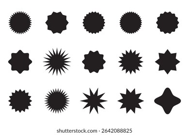 Circle sticker set. Wavy edge promo black badges. Star burst shape tags for price. Blank sale stickers. Simple silhouette. Flat vintage labels. Graphic illustration.