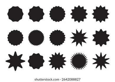 Circle sticker set. Wavy edge promo black badges. Star burst shape tags for price. Blank sale stickers. Simple silhouette. Flat vintage labels. Graphic illustration.