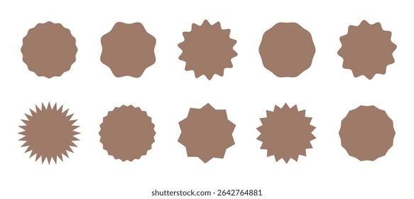 Circle sticker set. Wavy edge promo Mocha Mousse color badges. Star burst shape tags for price. Blank sale stickers. Flat vintage labels. Simple silhouette. Graphic illustration.