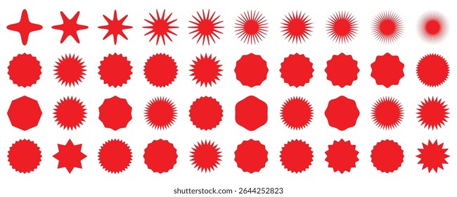 Circle sticker set. Wavy edge promo red badges. sale or discount sticker, sunburst badges icon. Stars shape with different number of rays. Special offer price tag. Zig zag Wavy Edge Circle Shapes. 