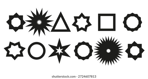 Conjunto de adesivos de círculo. Borda ondulada promo emblemas pretos. Marcas de forma de disparo de estrelas por preço. Adesivos de venda em branco. Silhueta simples. Etiquetas vintage planas.