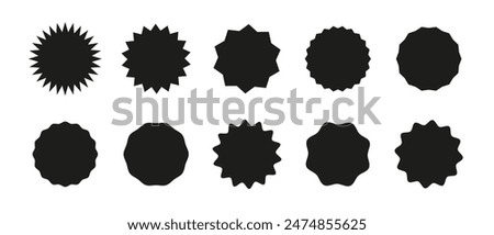 Circle sticker set. Wavy edge promo black badges. Star burst shape tags for price. Blank sale stickers. Simple silhouette. Flat vintage labels. Graphic illustration.