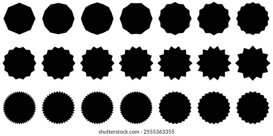 Circle sticker set. zigzag shape. Wavy edge promo black badges.Starburst sale price stickers and labels, star and rosette, sunburst, callout, splash, stamp and tag badges. promo labels, tags, sticke