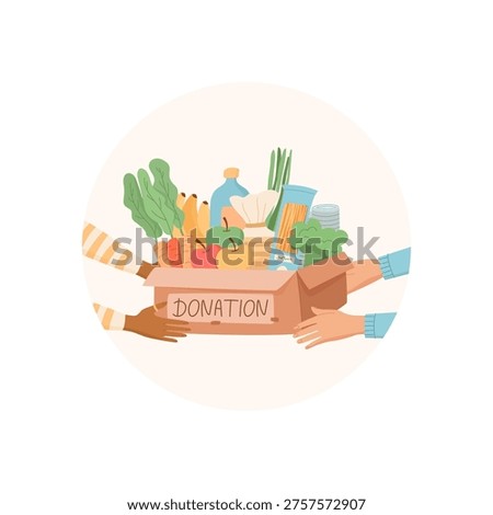 Circle sticker shows food support donate box. Hands give charity gift as care for needy community. Color flat icon uses fresh vegetable, fruit and goods for help as concept welfare and humanitarian