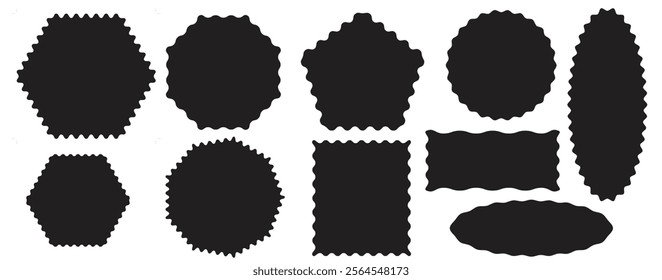 Circle sticker simple set. Vector Geometric Shapes Set. Modern Symbols, Labels and Icons. Stars and Circles with Zigzag Edge. Black badges wavy edge promo. Star burst shapes tags.