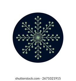 Circle sticker with snow flake line symbol in green on a navy background. Christmas and xmas icon for winter holiday decoration as package lid. Snowflake style adds festive theme.