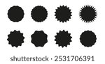 Circle sticker. Star burst shape for price. Blank sale stickers. Wavy edge promo black badges. Tags silhouettes. Flat vintage labels.