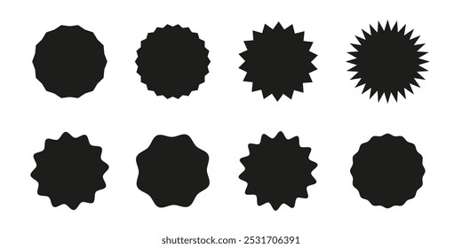 Circle sticker. Star burst shape for price. Blank sale stickers. Wavy edge promo black badges. Tags silhouettes. Flat vintage labels.