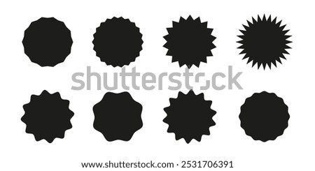 Circle sticker. Star burst shape for price. Blank sale stickers. Wavy edge promo black badges. Tags silhouettes. Flat vintage labels.