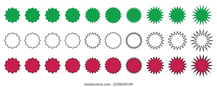 Circle sticker starburst round promo price discount badges. Blank sale sticker silhouette. Editable stroke.