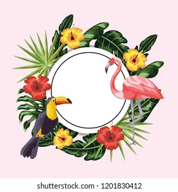 circle sticker with toucan and flamingo in the flowers and leaves