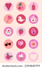 Circle stickers with Valentine's Day items. Vector graphics.