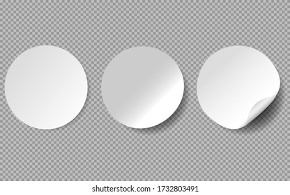 Circle the sticky characters. White tags, paper round stickers with peeling corner, isolated rounded plastic mockup signs, vector illustration. EPS 10