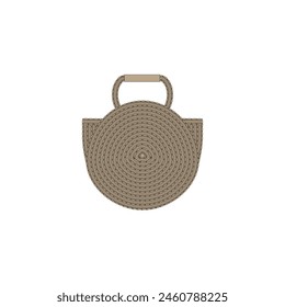 Circle Stroh Tasche mit kurzen Griffen in natürlicher Farbe auf weißem Hintergrund. Boho Strandzubehör im flachen Stil für Modeplatzierungsdruck, Logo, Banner, Flyer, Aufkleber, Poster, Grußkarte, Dekoration