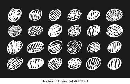 Circle strikethroughs and scribbles. Collection of twenty-four randomly drawn white squiggles and doodles on a black background. Vector set of handwritten symbols and signs